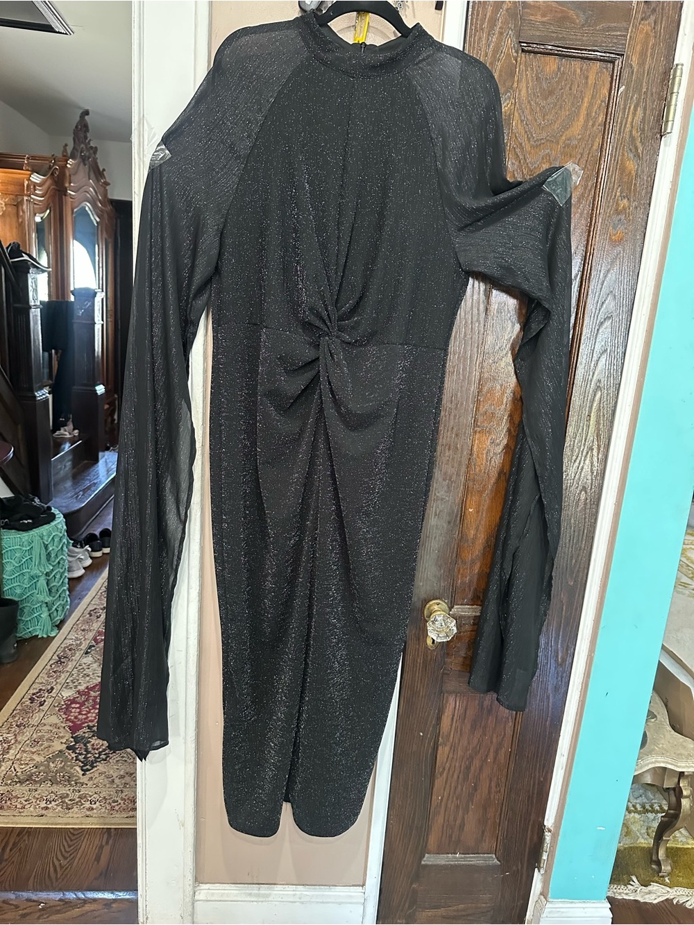 Black Long-Sleeve Twist-Front Shimmer Maxi Dress